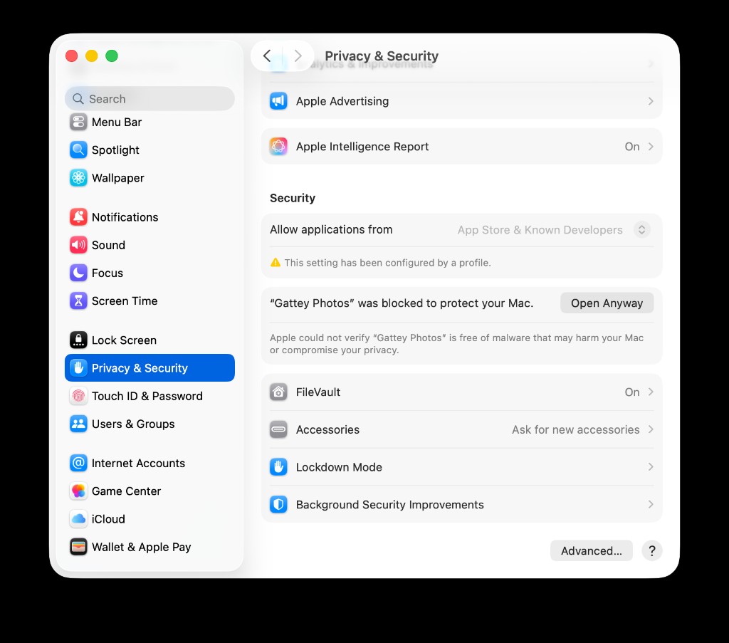 Privacy and Security settings showing Gattey Photos was blocked with an Open Anyway button
